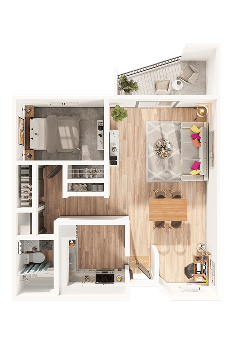 Floor plan for 1 bed, 1 bath, 773 sqft